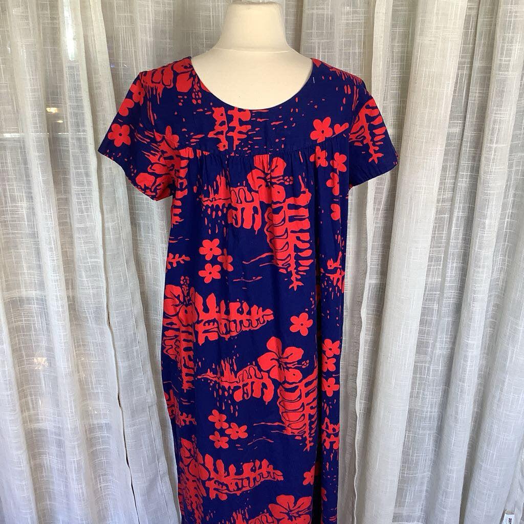 1970s Blue and Red Floral Hawaiian Dress