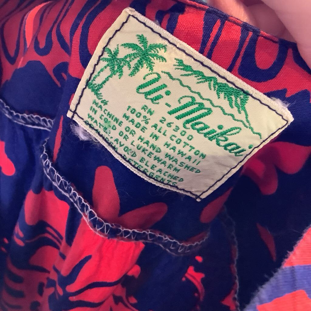 1970s Blue and Red Floral Hawaiian Dress