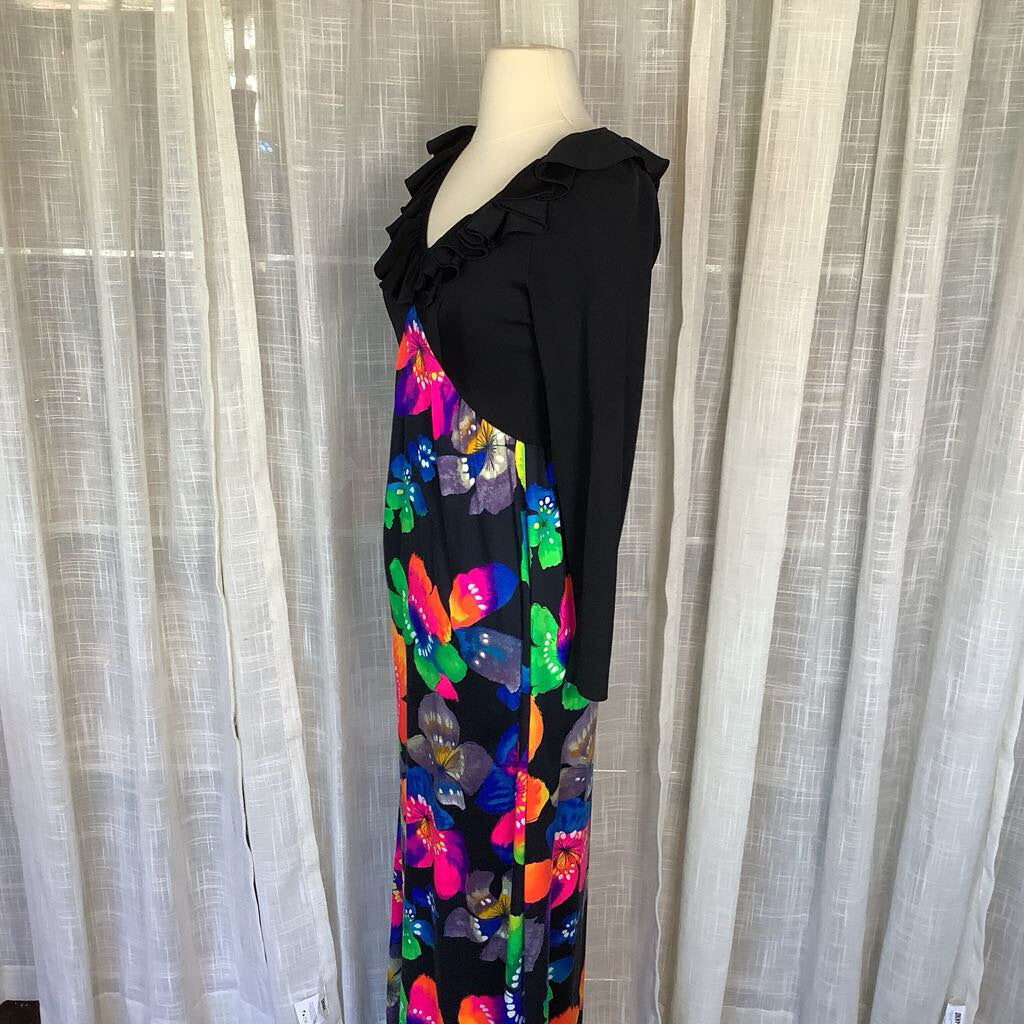 1970s Black Floral Maxi Dress