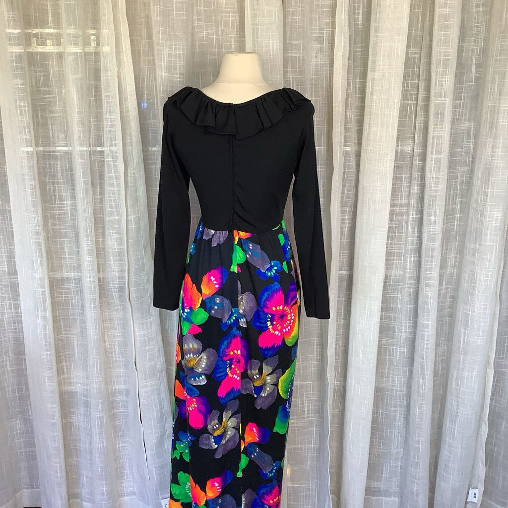 1970s Black Floral Maxi Dress