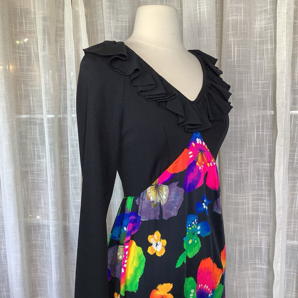 1970s Black Floral Maxi Dress