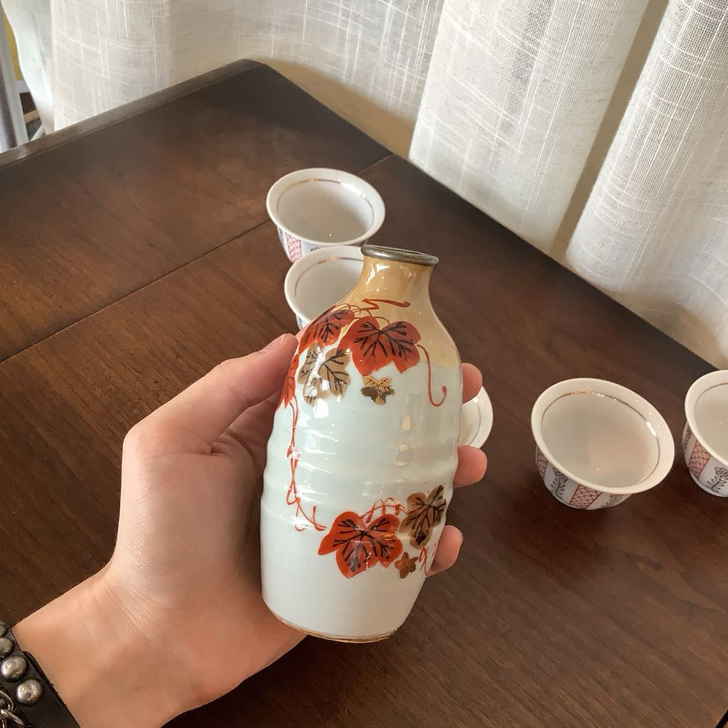 VTG Japanese Sake Bottle w/Maple Leaves and set of 5 cups