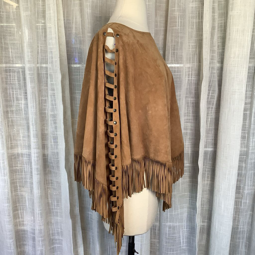 Tan Suede Vintage Poncho with Fringe