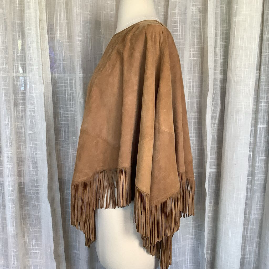 Tan Suede Vintage Poncho with Fringe