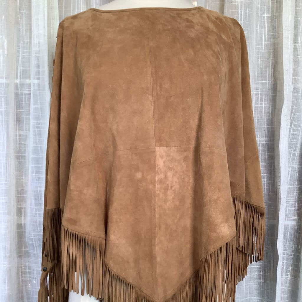 Tan Suede Vintage Poncho with Fringe