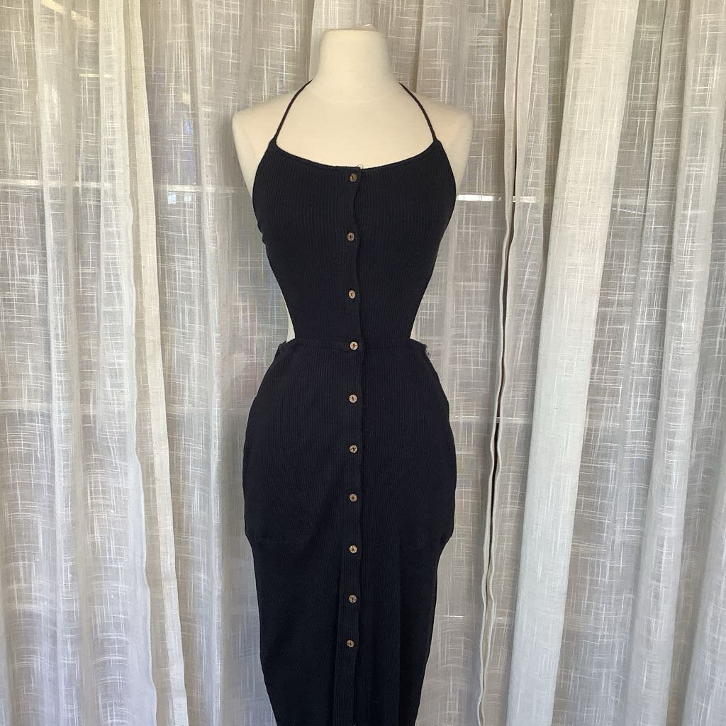 Black Knit Halter Back & Side Open Maxi Dress