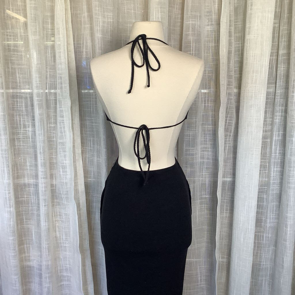 Black Knit Halter Back & Side Open Maxi Dress