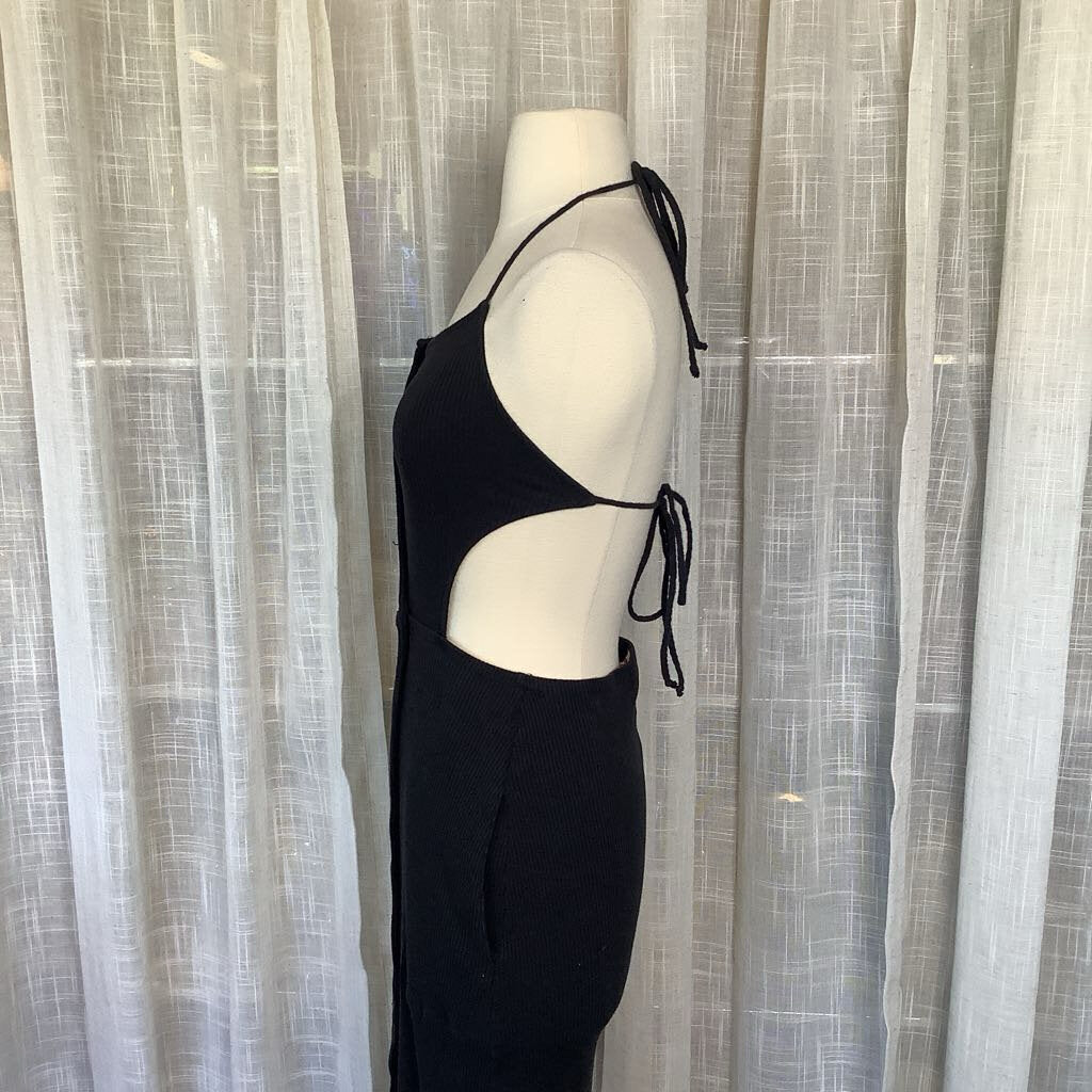 Black Knit Halter Back & Side Open Maxi Dress