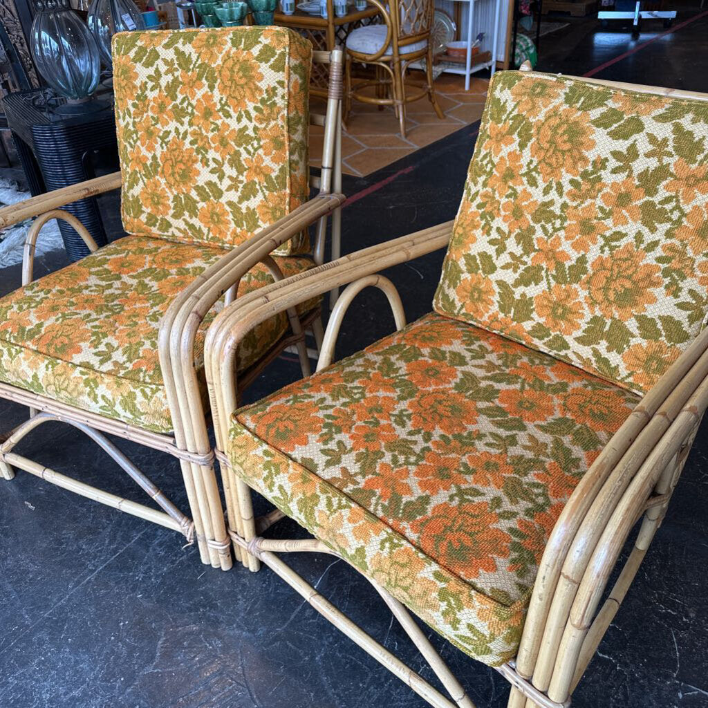 Mid Century 1960s Rattan Chair Set w/ Original Cushions