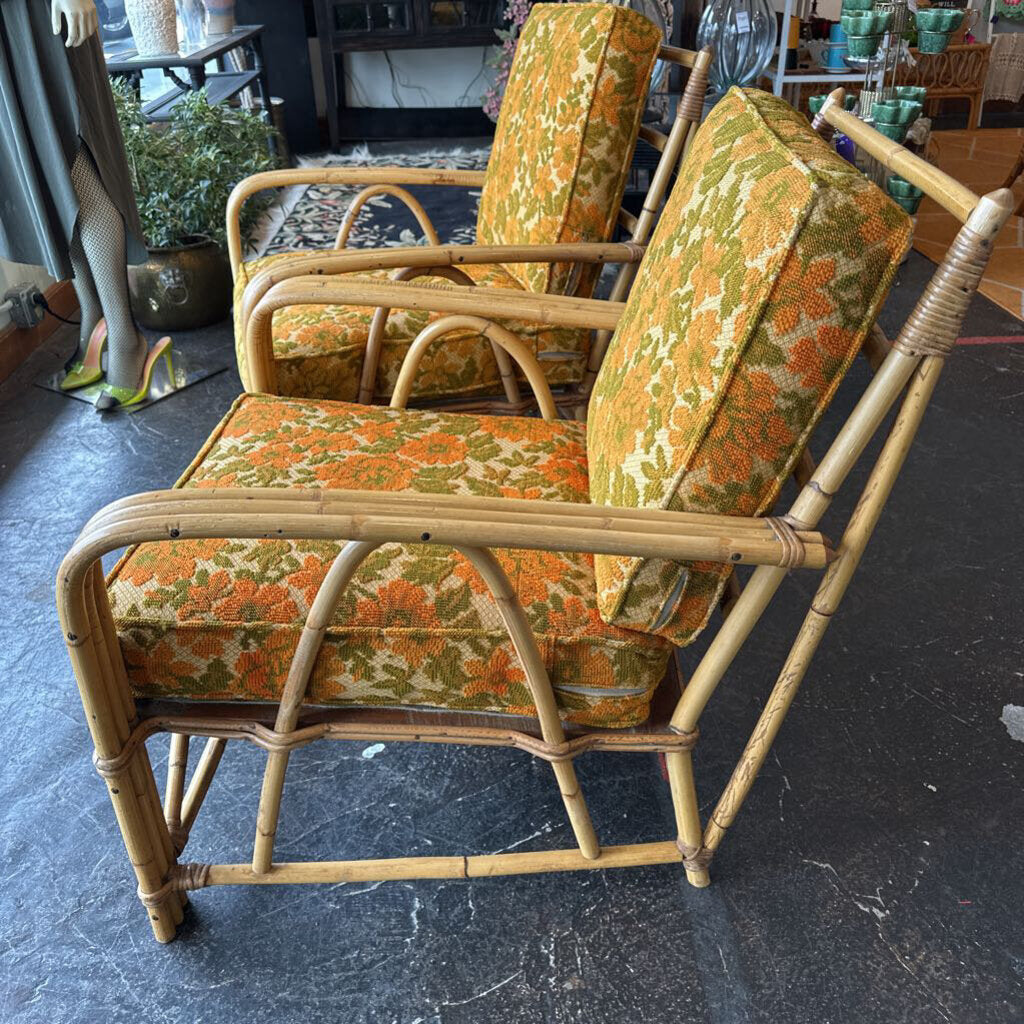 Mid Century 1960s Rattan Chair Set w/ Original Cushions