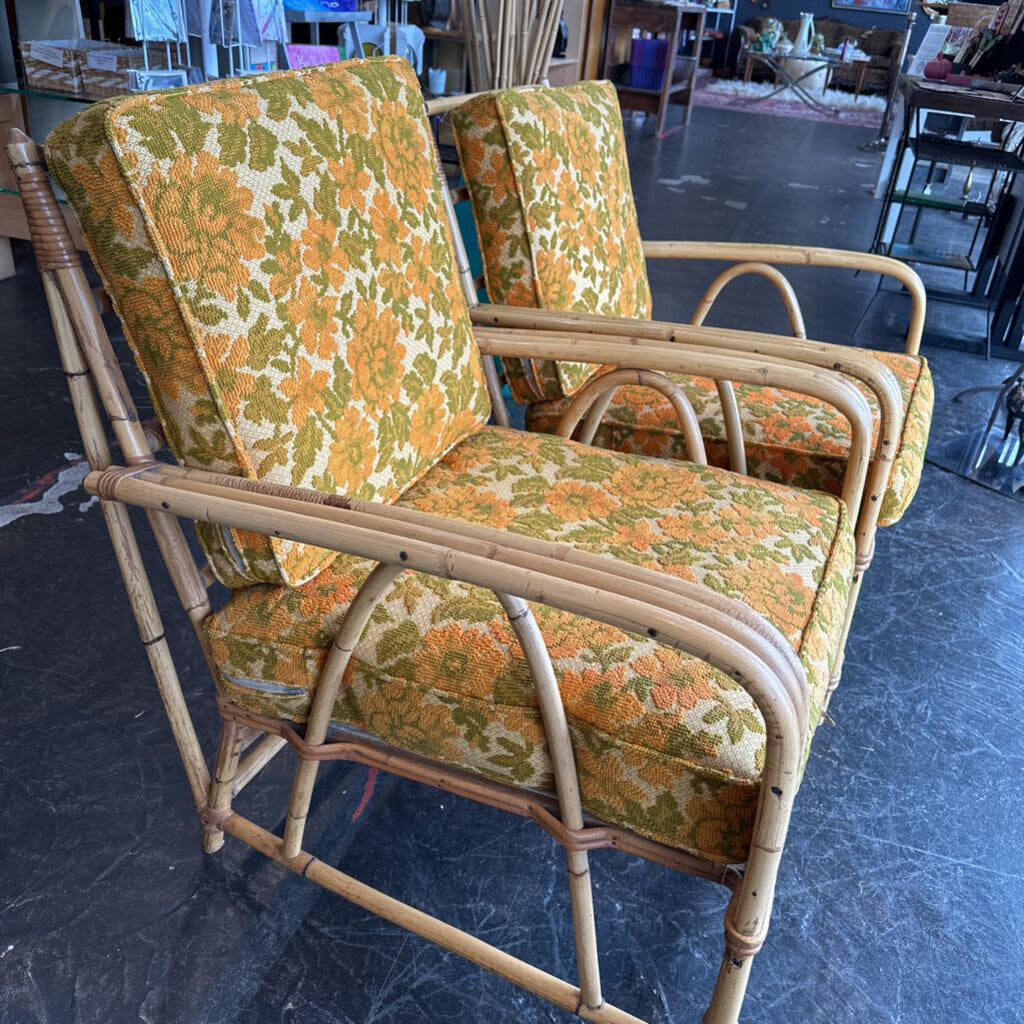 Mid Century 1960s Rattan Chair Set w/ Original Cushions