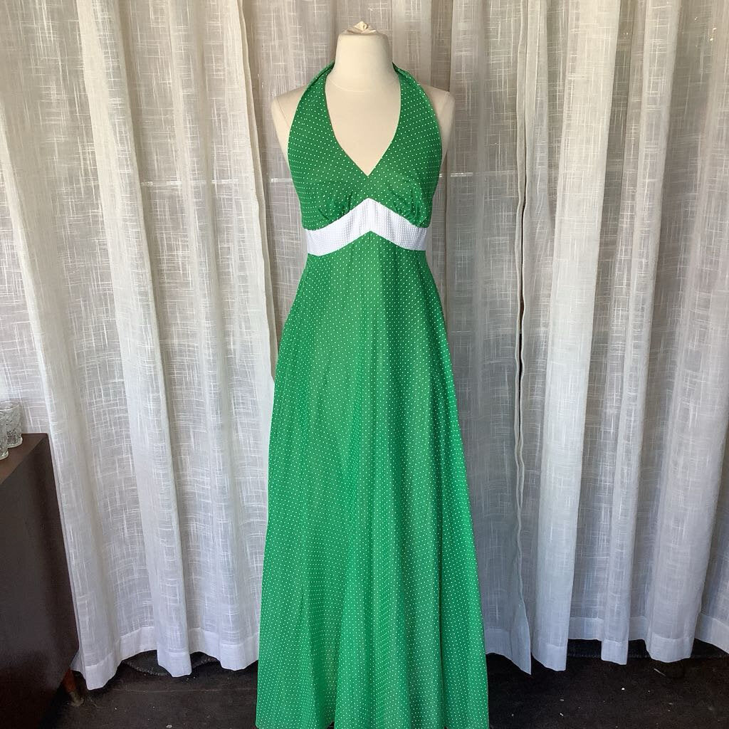 1970s Green Polka Dot Halter Maxi Dress