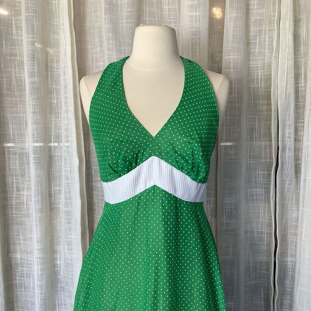 1970s Green Polka Dot Halter Maxi Dress