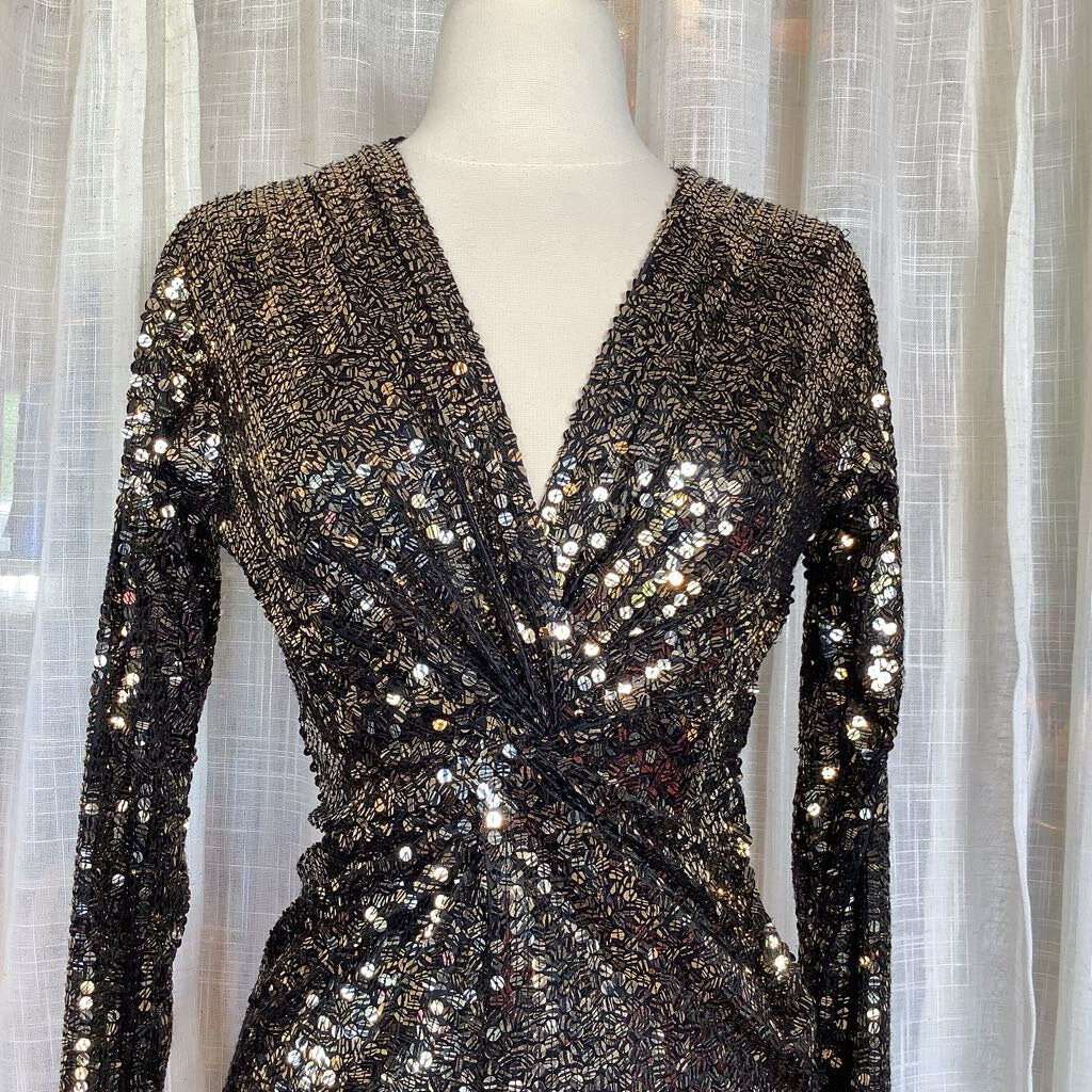 Vintage Black Tie Sequin Dress by He-ro Industries L from Back 29", W 24" Bust 32", Sleeve 24"