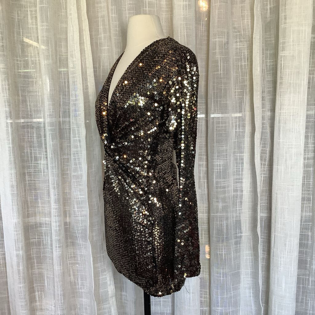 Vintage Black Tie Sequin Dress by He-ro Industries L from Back 29", W 24" Bust 32", Sleeve 24"