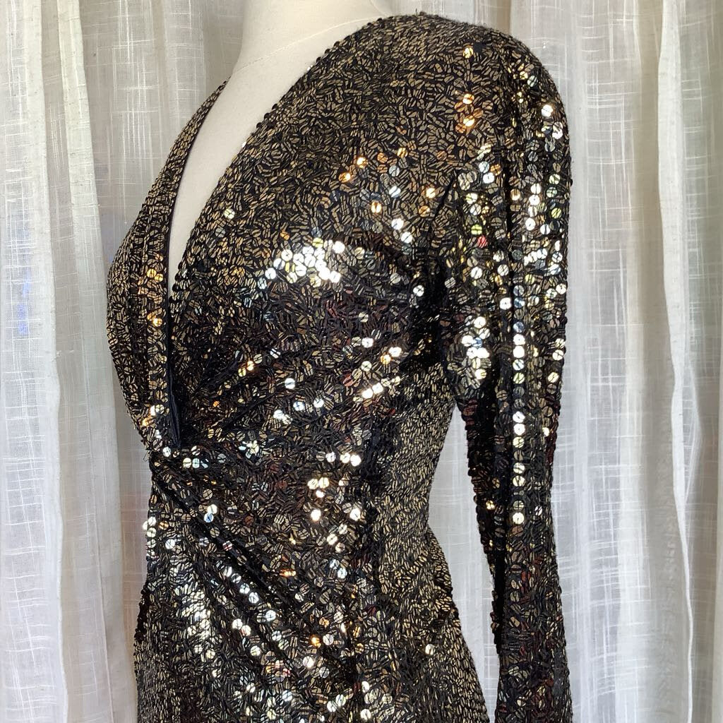 Vintage Black Tie Sequin Dress by He-ro Industries L from Back 29", W 24" Bust 32", Sleeve 24"