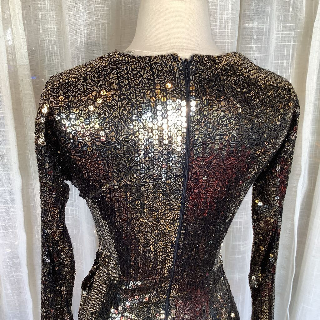 Vintage Black Tie Sequin Dress by He-ro Industries L from Back 29", W 24" Bust 32", Sleeve 24"