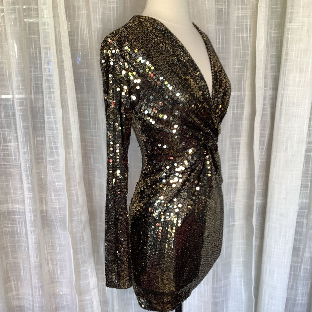 Vintage Black Tie Sequin Dress by He-ro Industries L from Back 29", W 24" Bust 32", Sleeve 24"