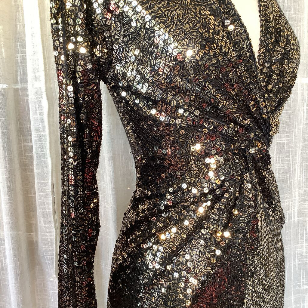 Vintage Black Tie Sequin Dress by He-ro Industries L from Back 29", W 24" Bust 32", Sleeve 24"