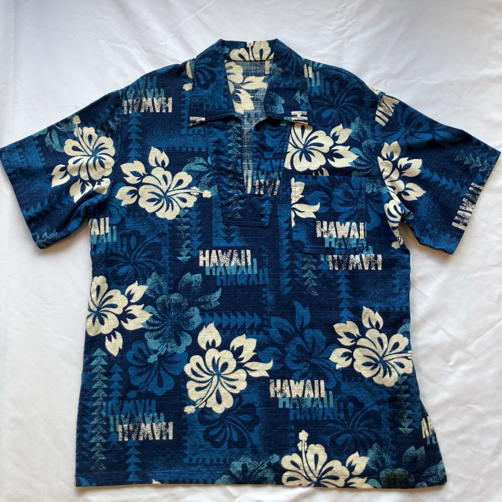 Vintage 1970s Blue Hawaii Barkcloth Shirt