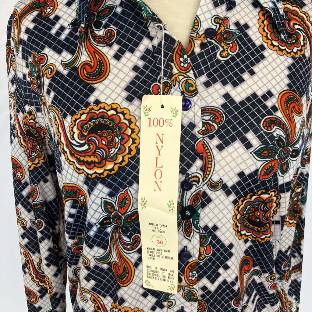 Vintage 1970s Deadstock Blue Psychedelic Paisley Button Down