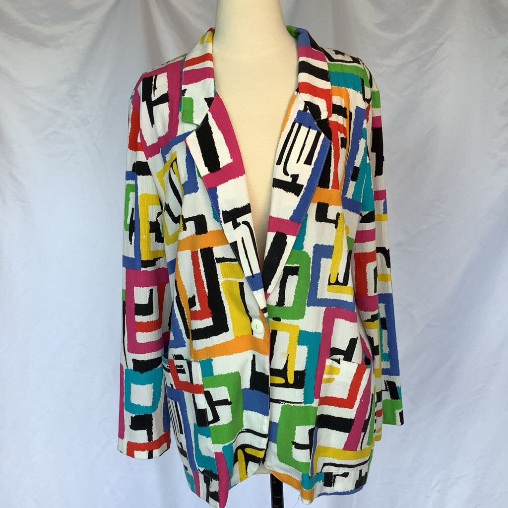 1980s White Mulitcolored One Button Blazer