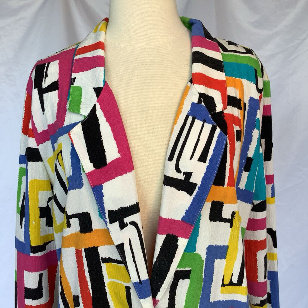 1980s White Mulitcolored One Button Blazer