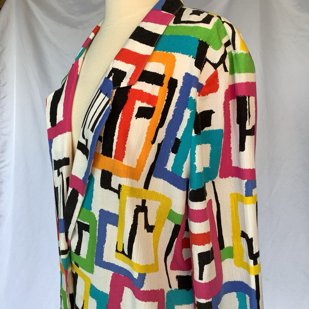 1980s White Mulitcolored One Button Blazer