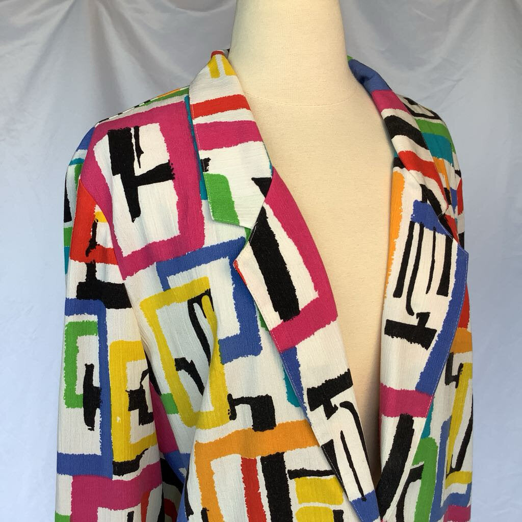 1980s White Mulitcolored One Button Blazer