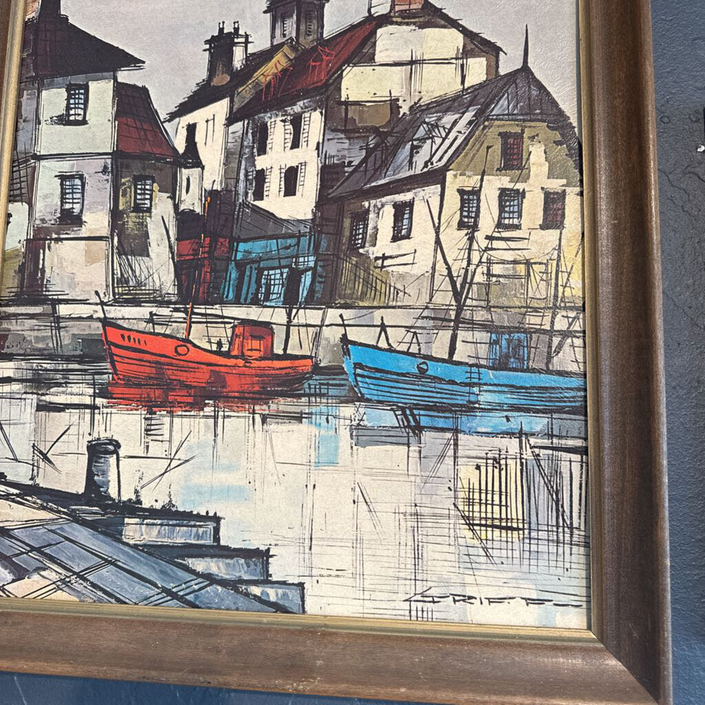 Mid Century "Harbor Scene" Framed Print by M. Edward Griff
