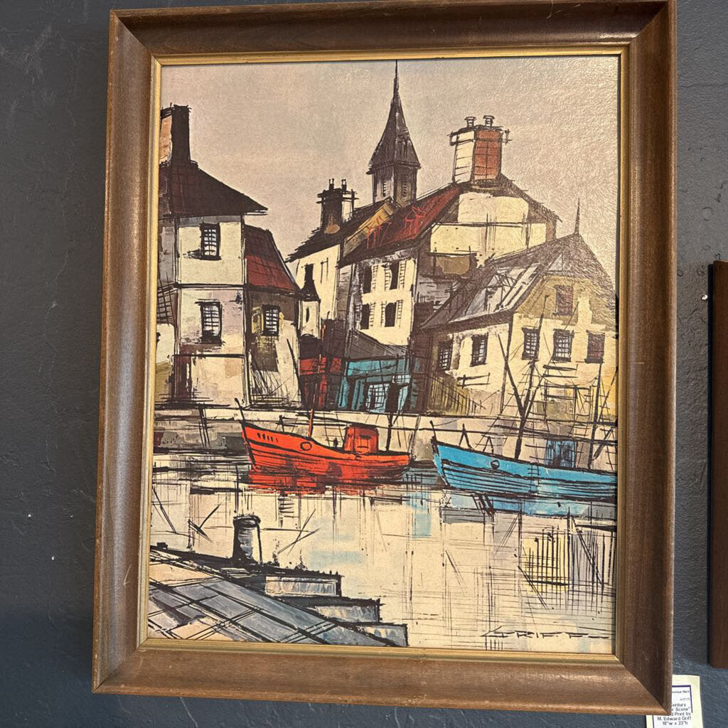 Mid Century "Harbor Scene" Framed Print by M. Edward Griff