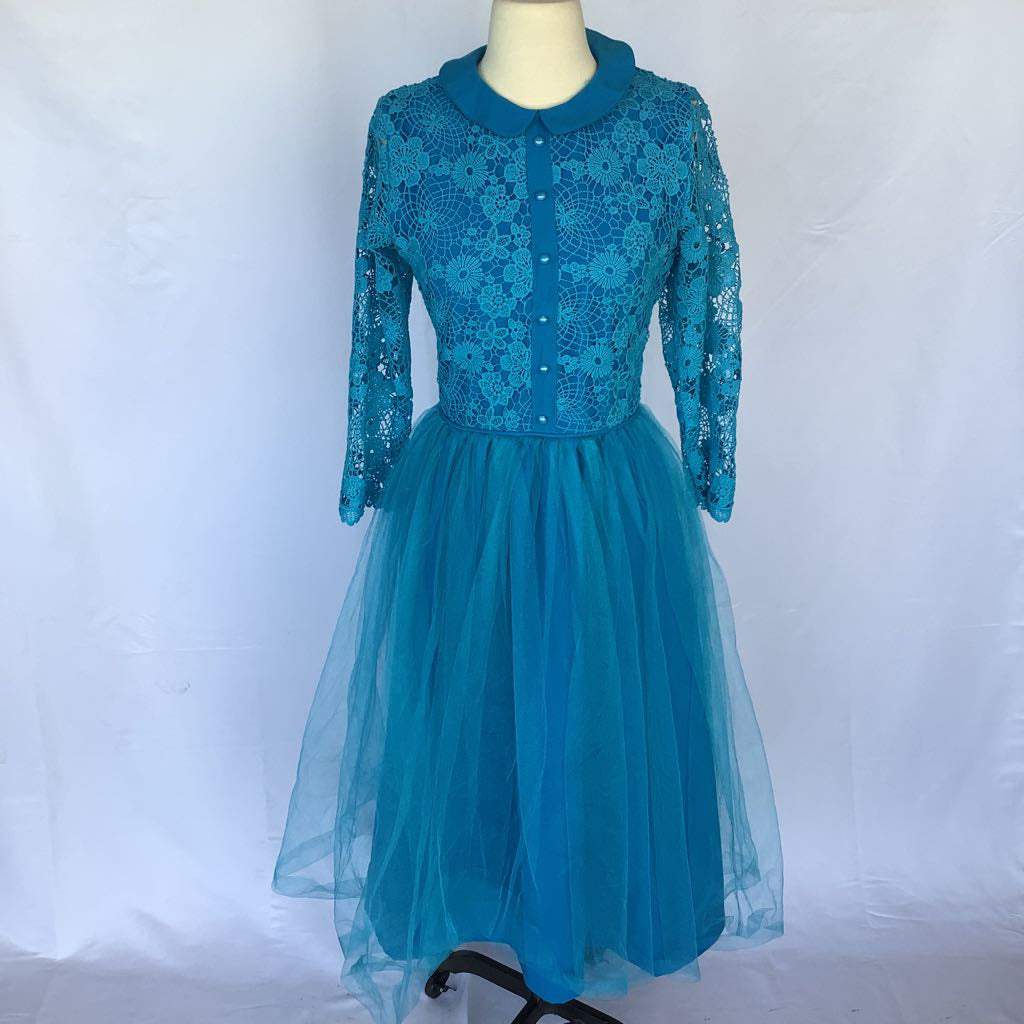 1960s Handmade Blue Lace Bodice w/ Toole Skirt Midi AS IS