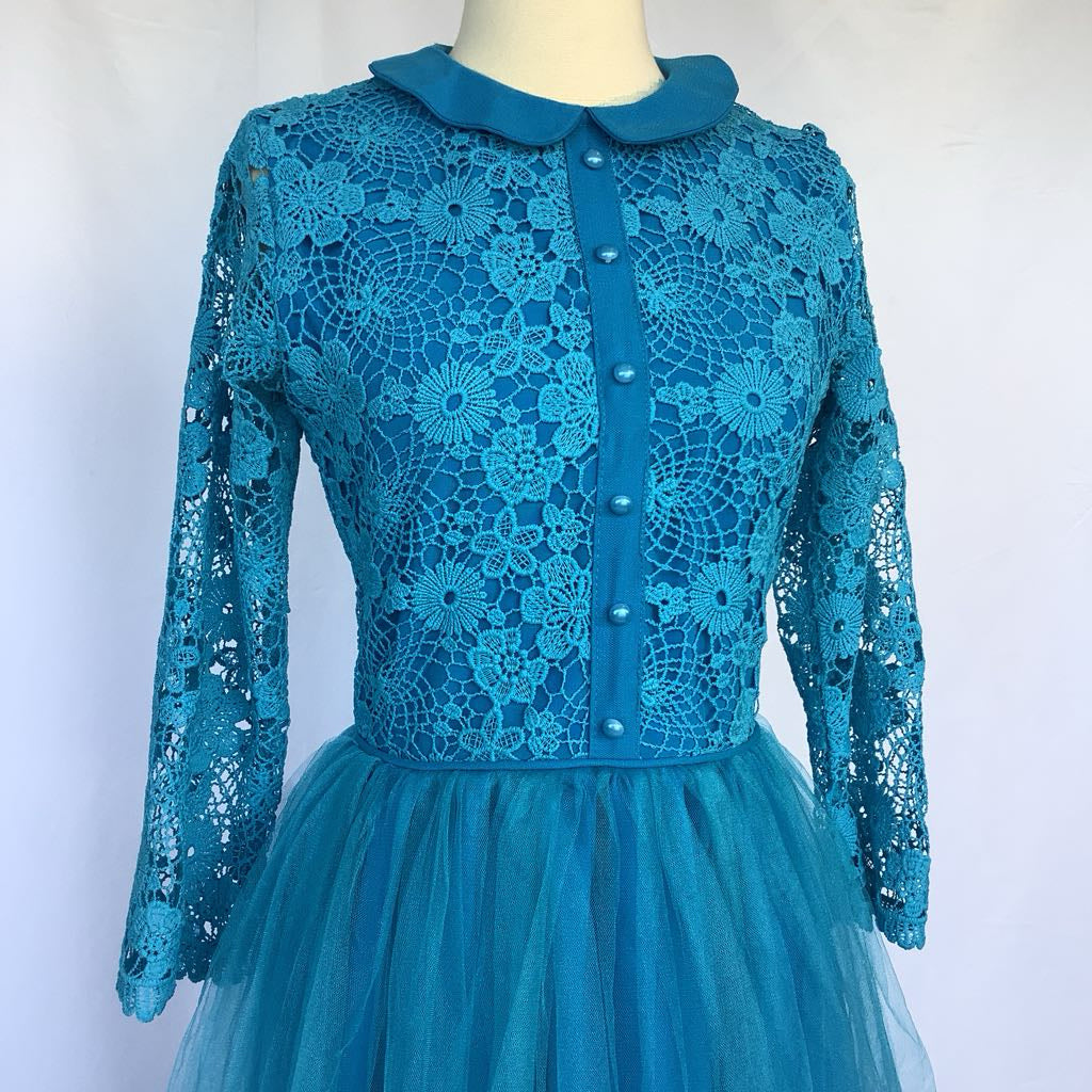 1960s Handmade Blue Lace Bodice w/ Toole Skirt Midi AS IS