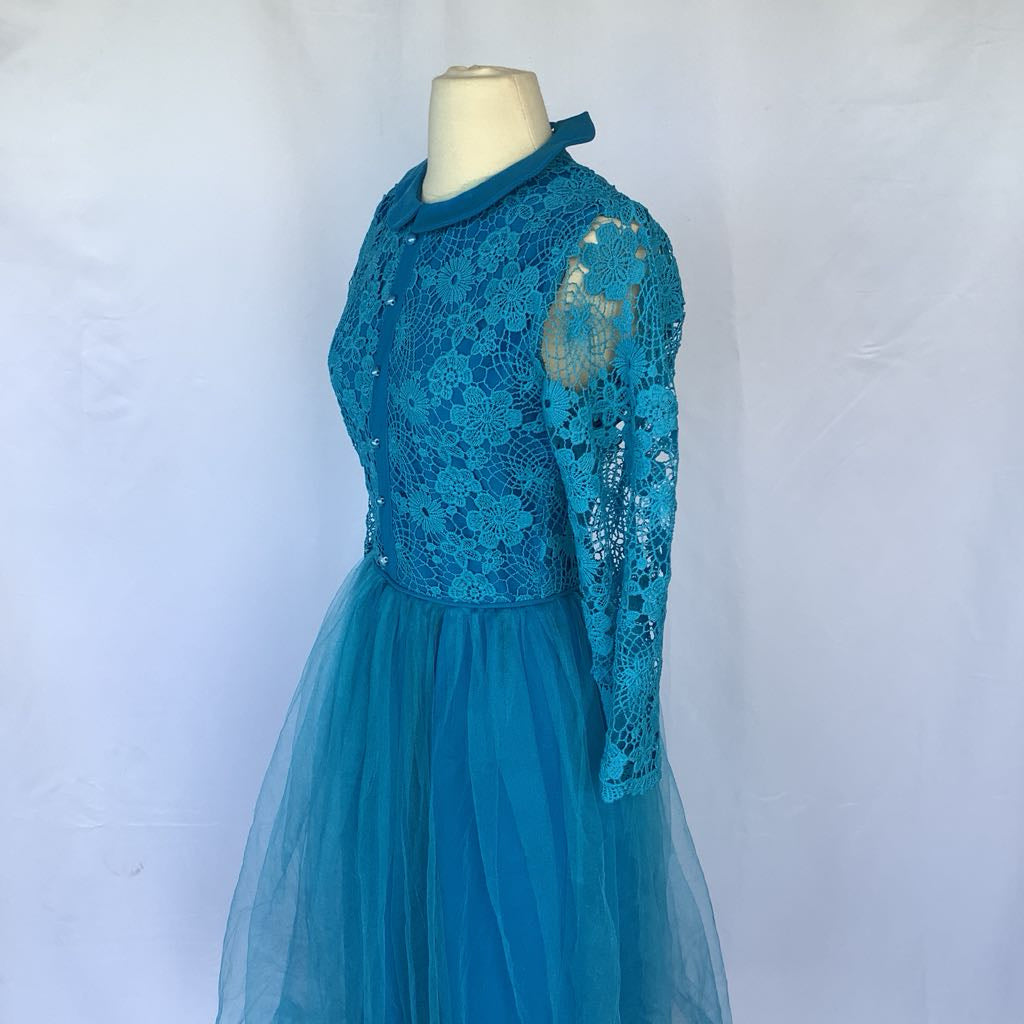 1960s Handmade Blue Lace Bodice w/ Toole Skirt Midi AS IS
