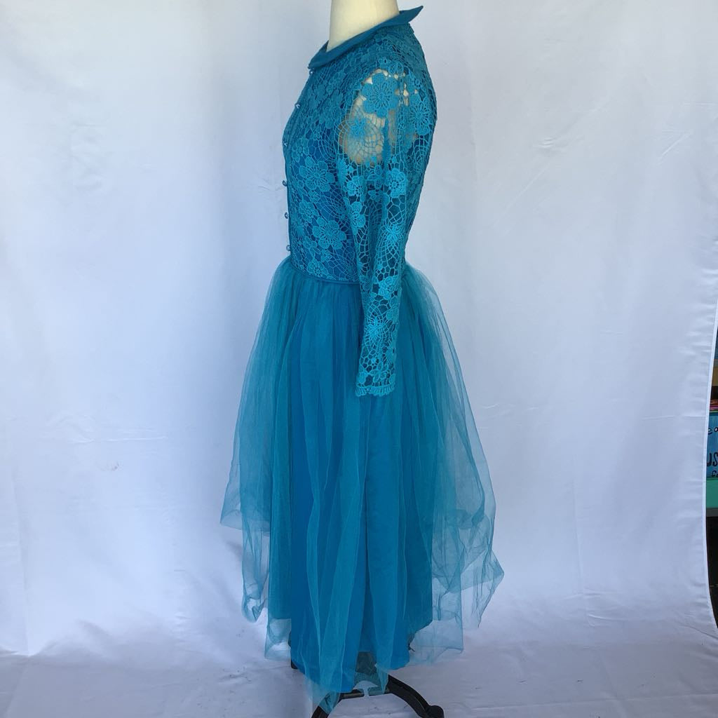 1960s Handmade Blue Lace Bodice w/ Toole Skirt Midi AS IS