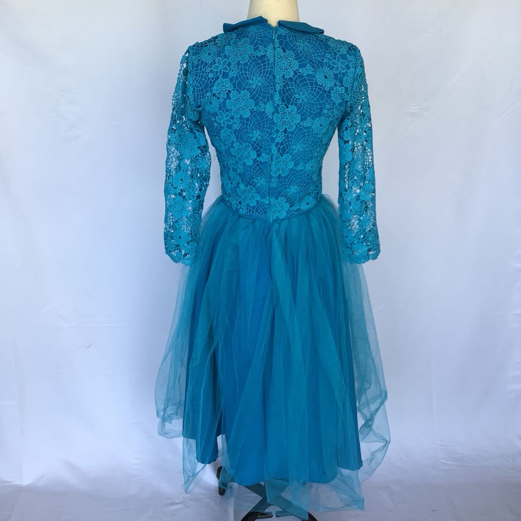 1960s Handmade Blue Lace Bodice w/ Toole Skirt Midi AS IS