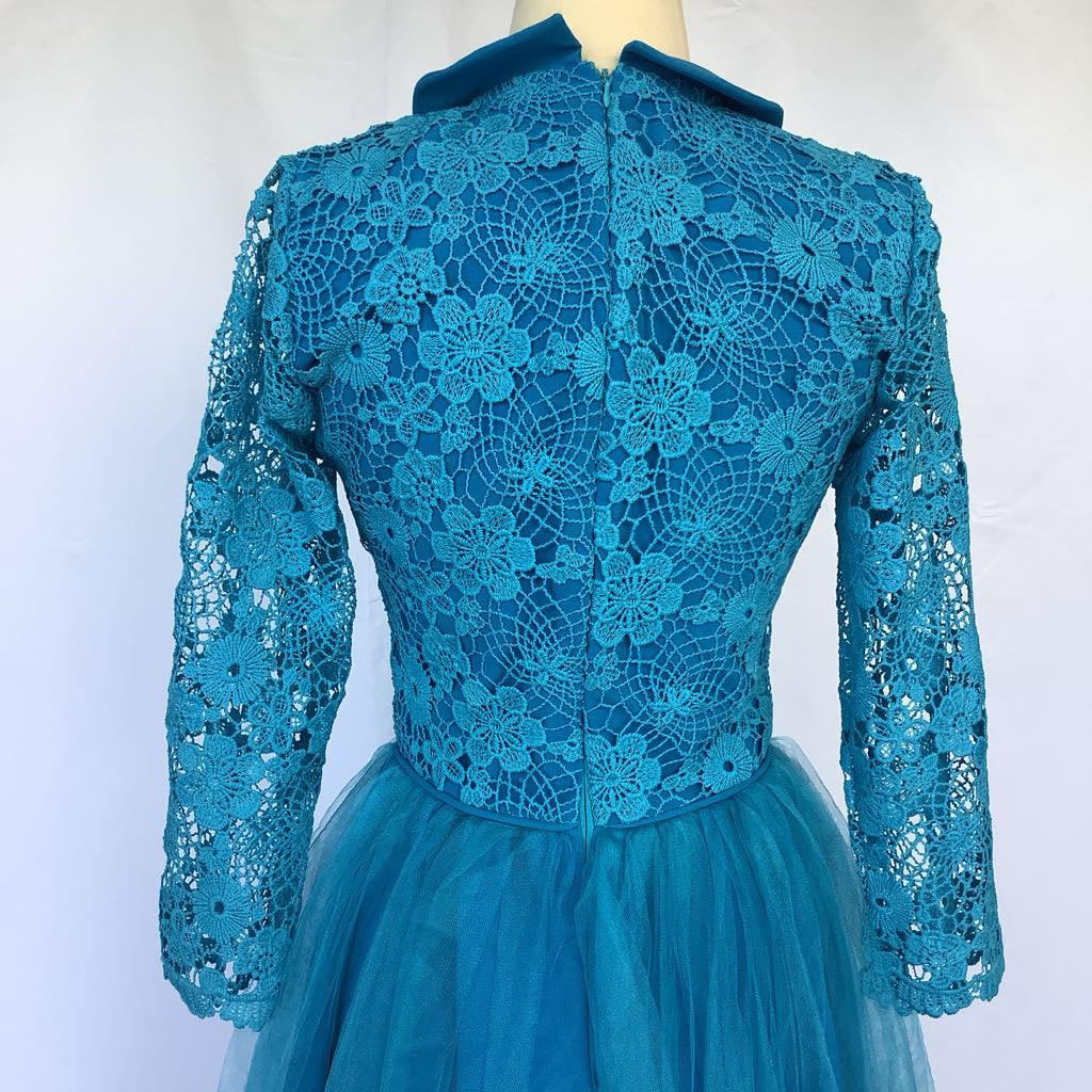 1960s Handmade Blue Lace Bodice w/ Toole Skirt Midi AS IS
