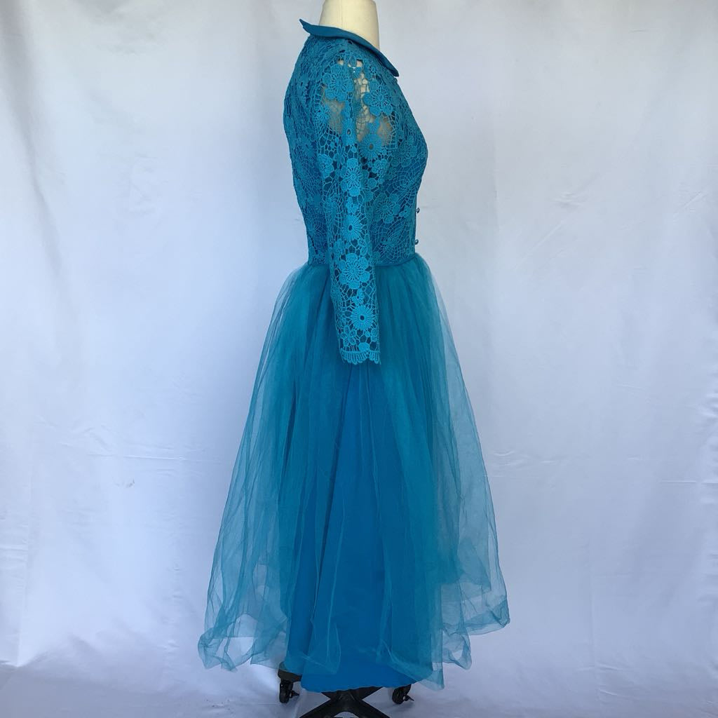 1960s Handmade Blue Lace Bodice w/ Toole Skirt Midi AS IS