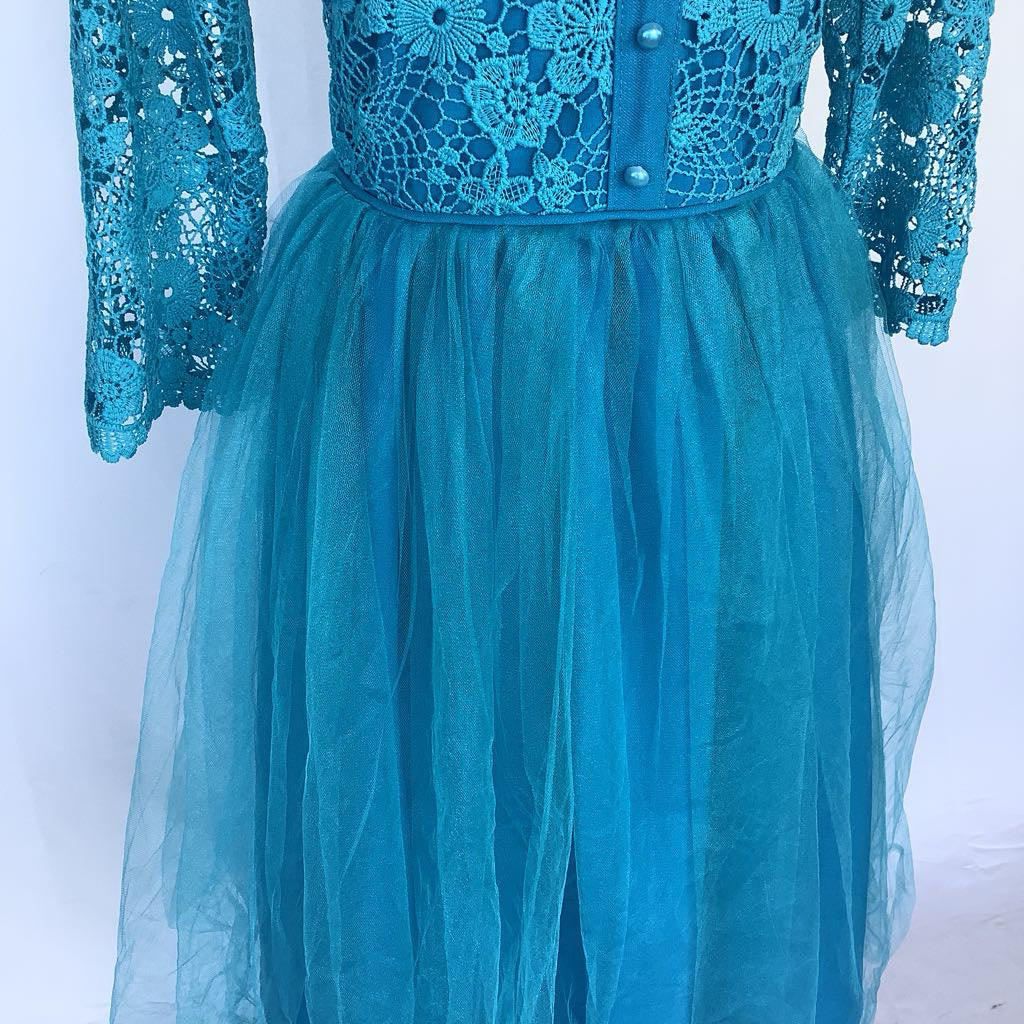 1960s Handmade Blue Lace Bodice w/ Toole Skirt Midi AS IS