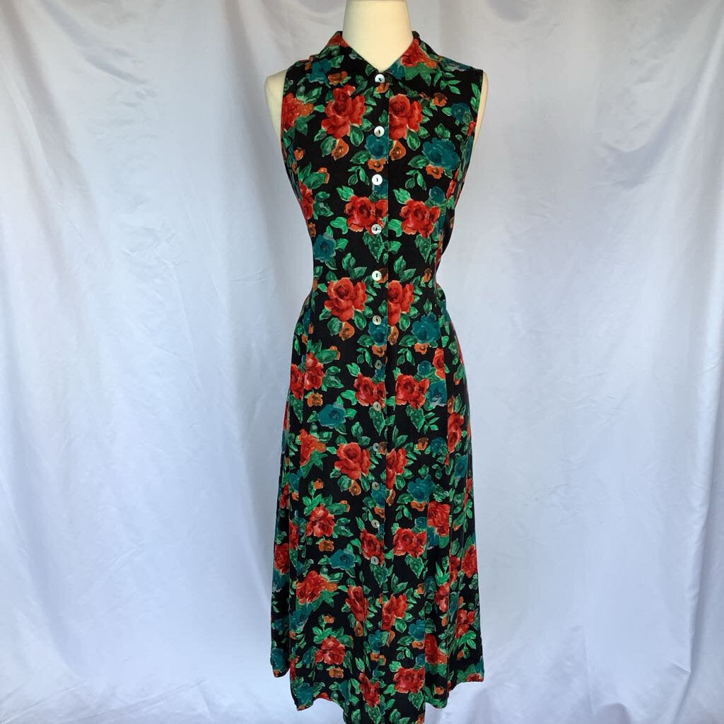 1990s Black Rose Midi Dress