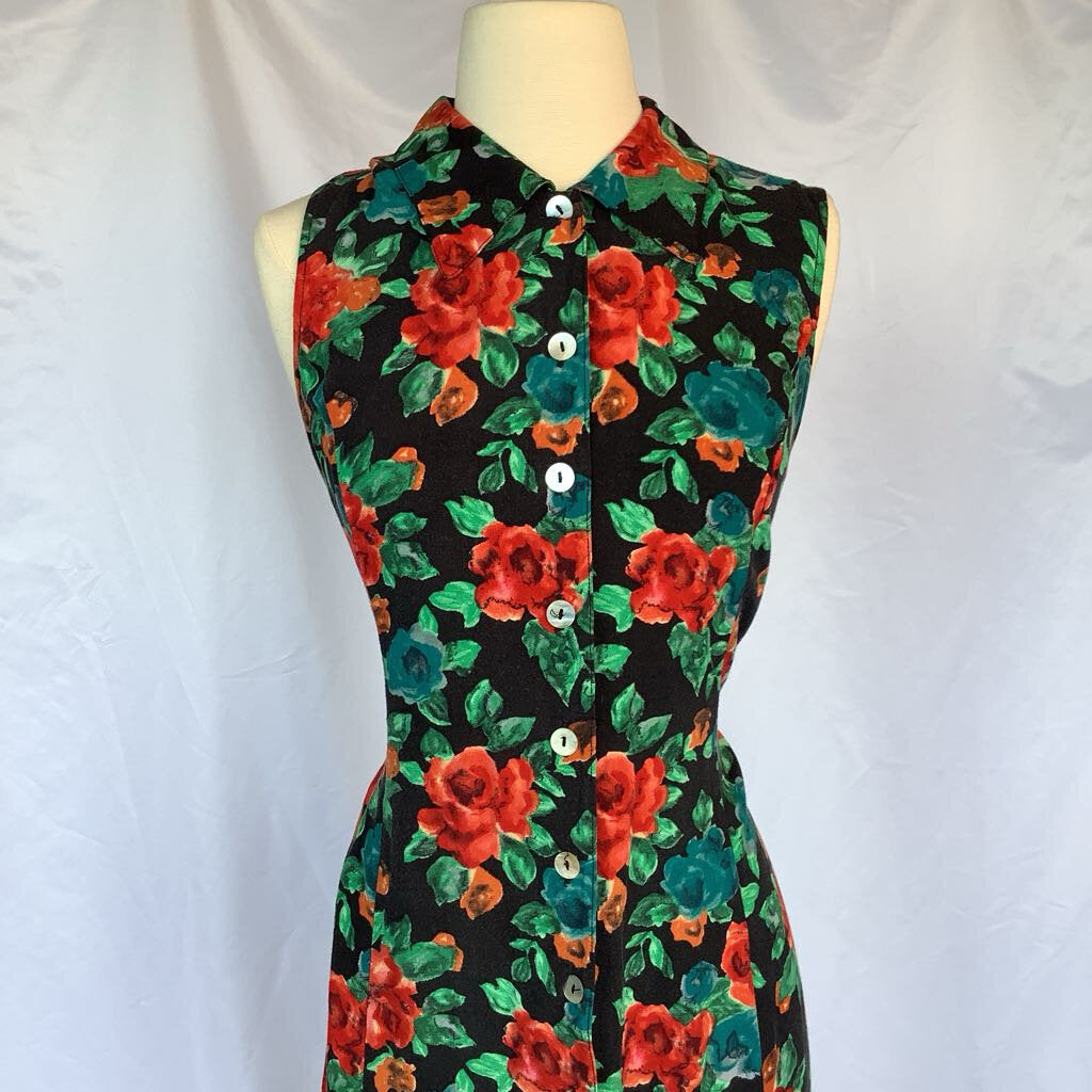 1990s Black Rose Midi Dress