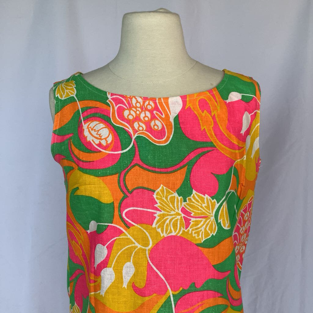 1960s Pink and Green Floral Shift Dress
