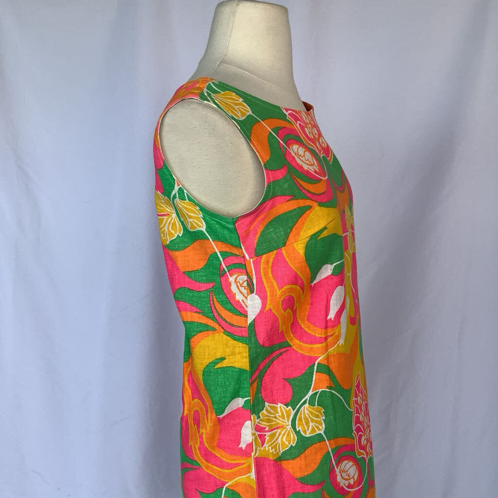 1960s Pink and Green Floral Shift Dress