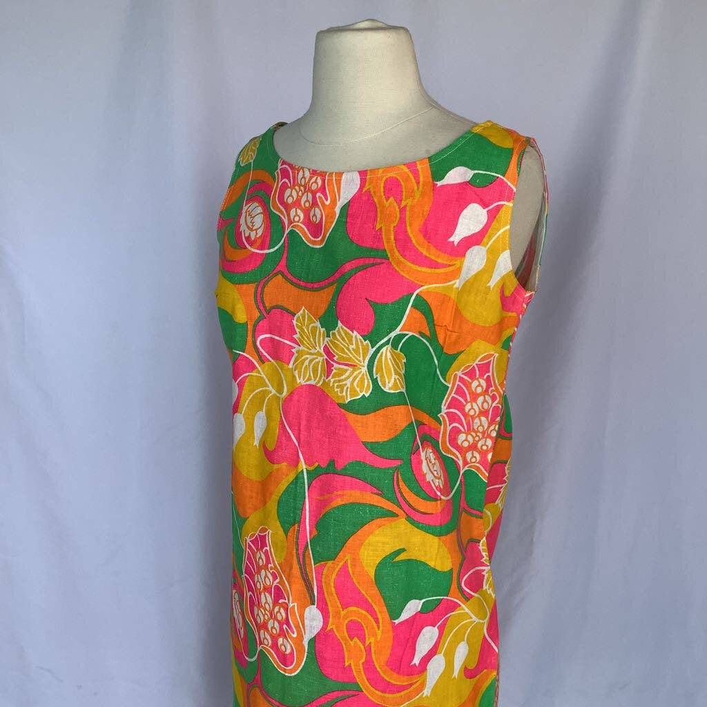 1960s Pink and Green Floral Shift Dress