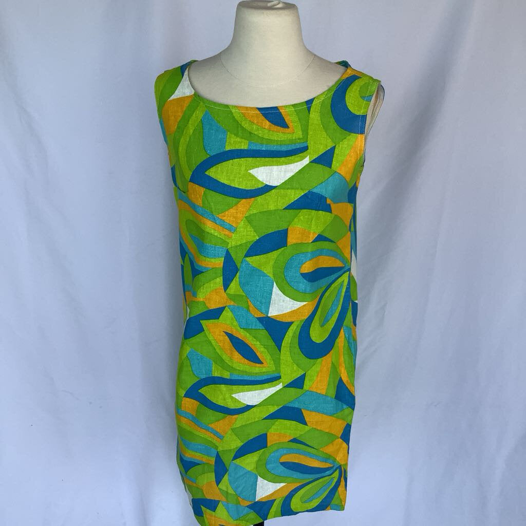 1960s Green and Blue Geometric Shift Dress