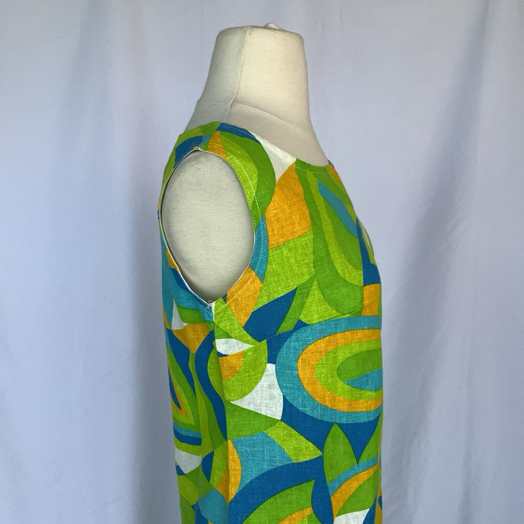 1960s Green and Blue Geometric Shift Dress