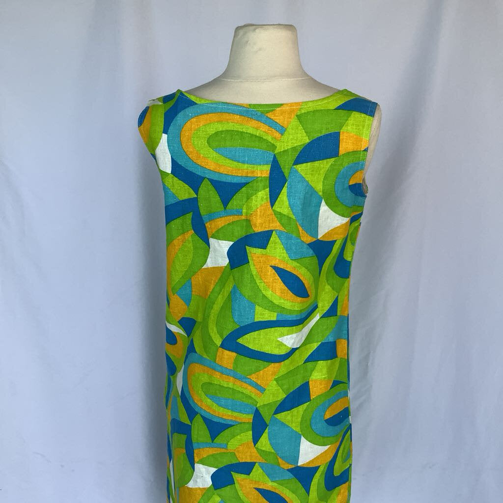1960s Green and Blue Geometric Shift Dress