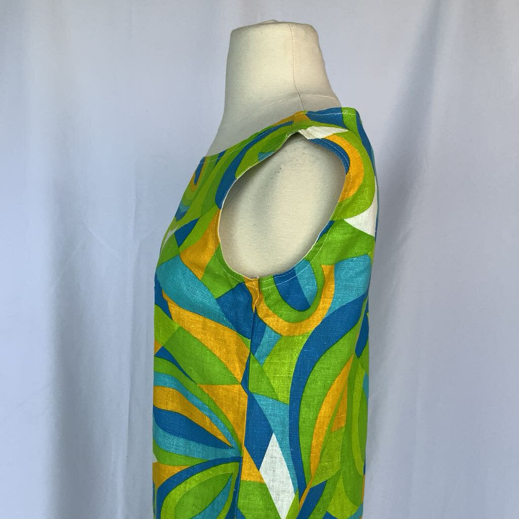 1960s Green and Blue Geometric Shift Dress
