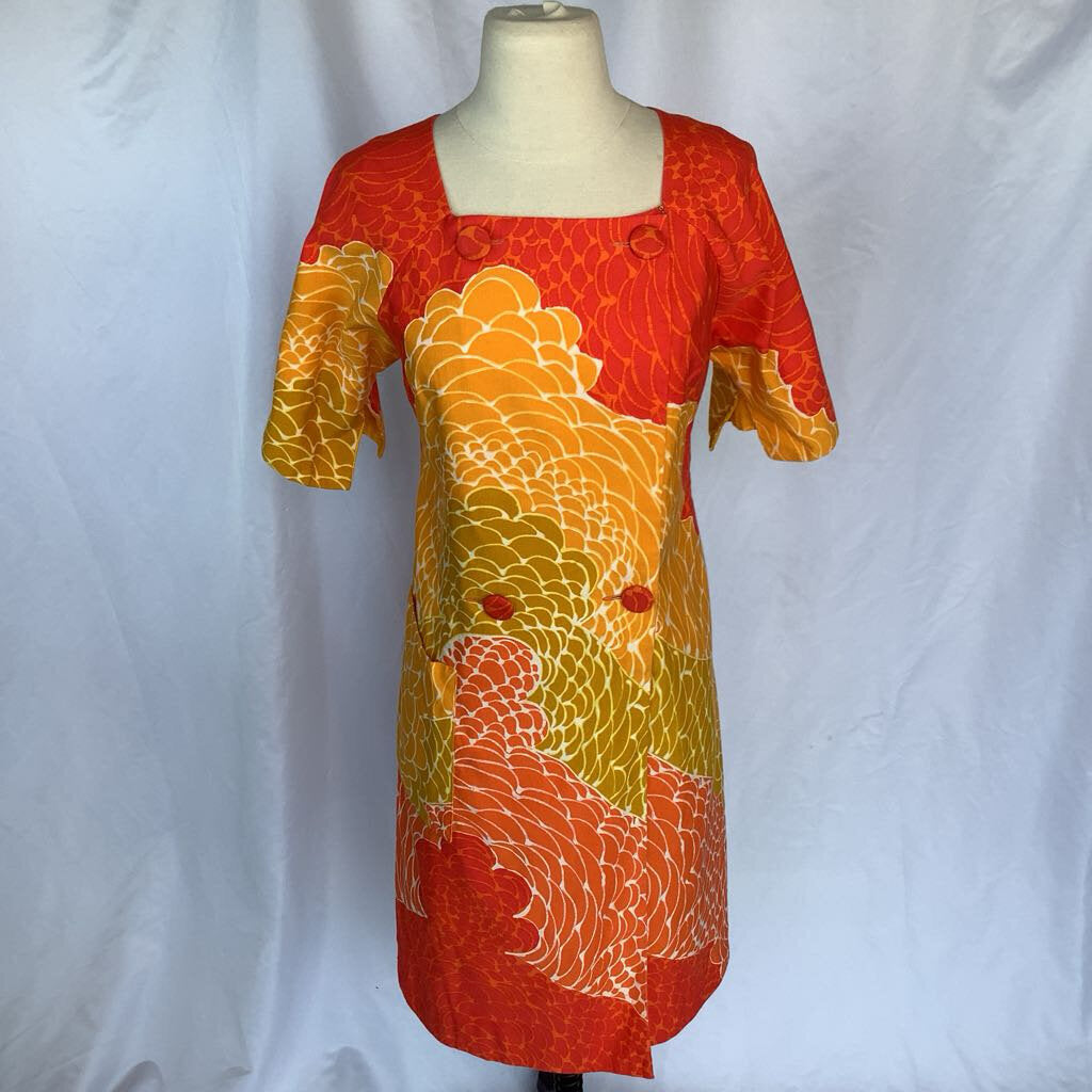1960s Lord & Taylor Orange, Yellow & Olive Floral Duster Dress