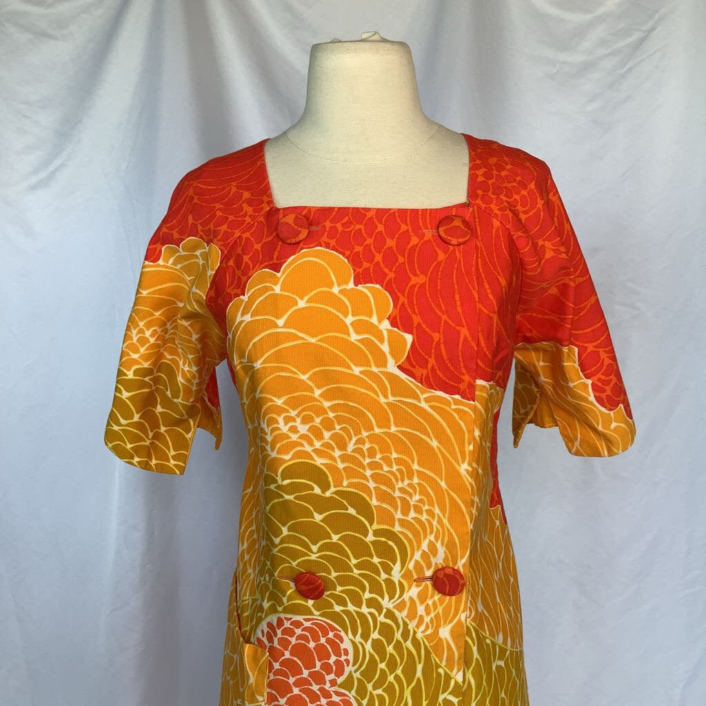 1960s Lord & Taylor Orange, Yellow & Olive Floral Duster Dress